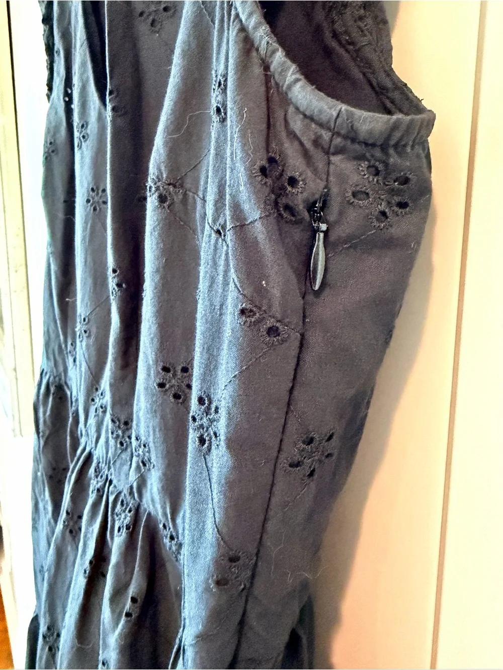 J. Crew Black Eyelet Midi Dress 100% Cotton Ruffle Sleeve Tiered Dress w/Pockets